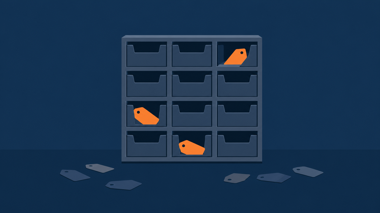 Flat vector illustration, navy background: a small dresser with exactly 12 drawer slots, only some slots holding a small tag-shaped object, the rest empty, orange #ff8649 accent only on the filled tags, a few discarded tags scattered on the floor outside the dresser, no text, no faces