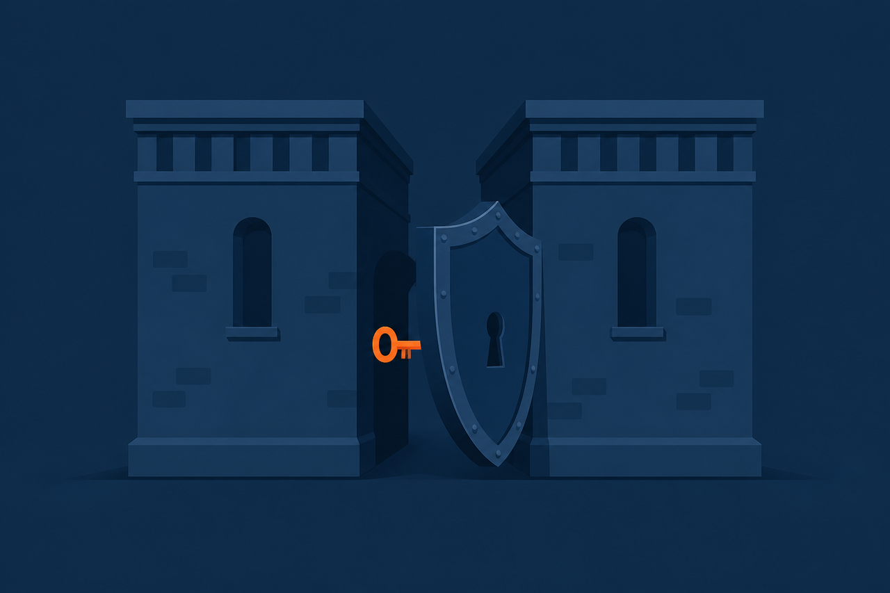 Flat vector illustration, navy background: a narrow passage hidden between two buildings, a shield-shaped barrier half-open at the entrance, a small key-shaped object passing through the gap, orange #ff8649 accent only on the key, no text, no faces