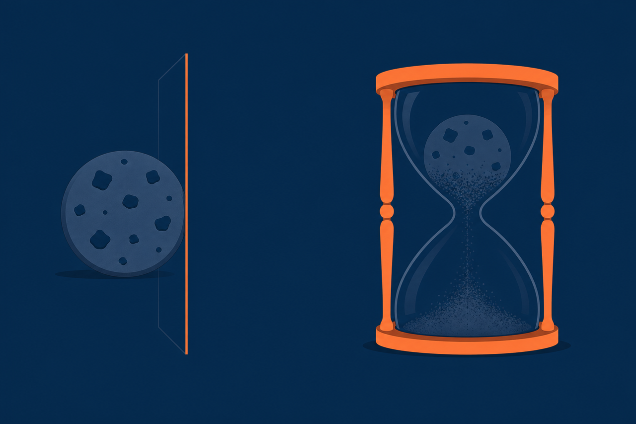 Flat vector illustration, navy background, split into two halves: on the left a cookie-shaped object stops in front of a transparent wall, on the right the same cookie-shaped object slowly fades away inside an hourglass, orange #ff8649 accent only on the wall's edge and the hourglass frame, no text, no faces