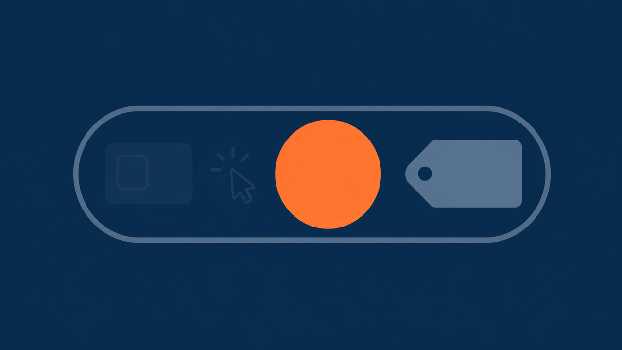 Flat vector illustration, navy background: one large switch lever in the center, on the off side a small identity card and a click marker fade out faintly, on the on side only a single campaign label remains sharp and clear, orange #ff8649 accent only on the switch handle, no text, no faces