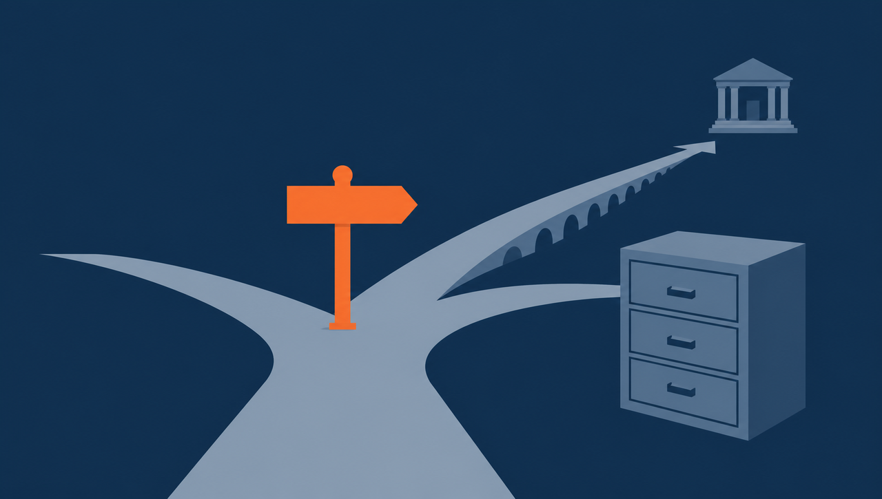 Flat vector illustration, navy background: a single path splitting into two, one side forming a narrow bridge with an arrow leading to another building, the other side leading to a large dresser, orange #ff8649 accent only on the fork's signpost, no text, no faces