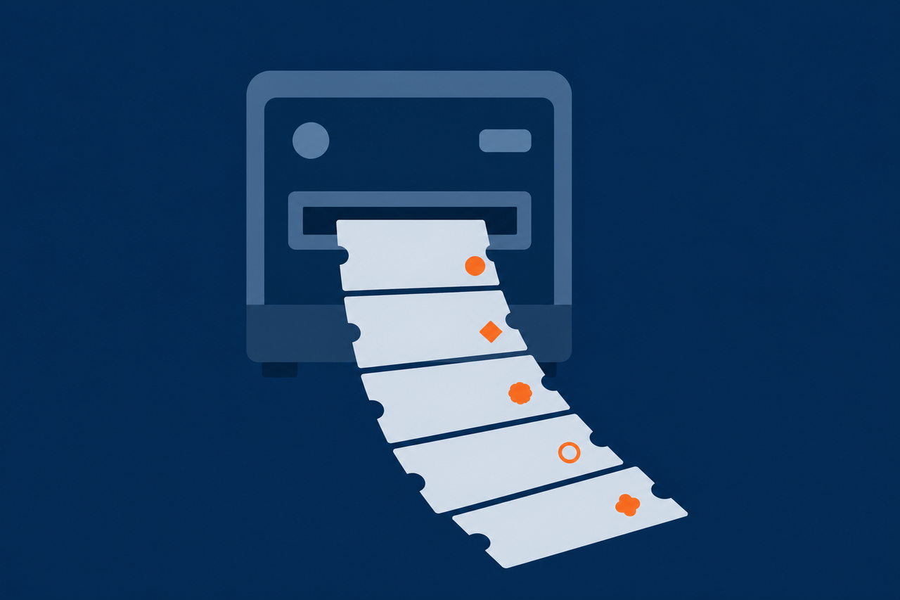 Flat vector illustration, navy background: a small ticket-dispenser-shaped object printing out a continuous strip of tickets each stamped with a different number, orange #ff8649 accent only on each ticket's stamp mark, no text, no faces