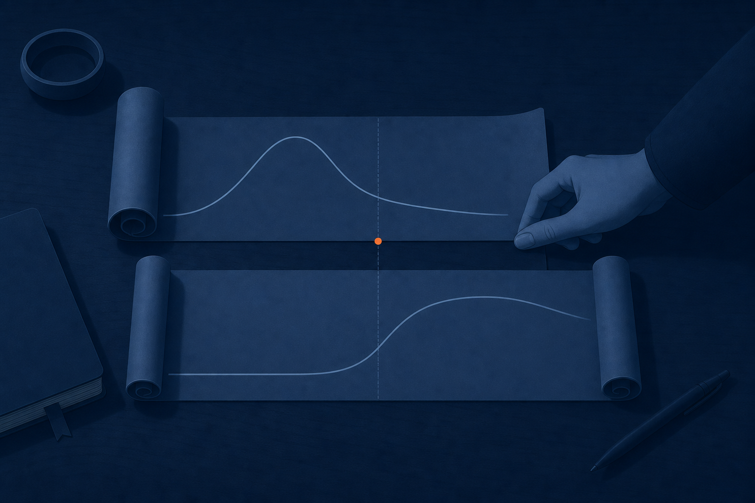 Two scrolls of paper laid side by side on a desk, each showing a differently shaped curve, with a single hand aligning the two scrolls edge to edge along a shared date line. Flat vector editorial illustration, navy (#1c3d5a) base with a single orange (#ff8649) accent at the point of alignment, no text or numbers, only a hand appears as a human element, wide composition with breathing room