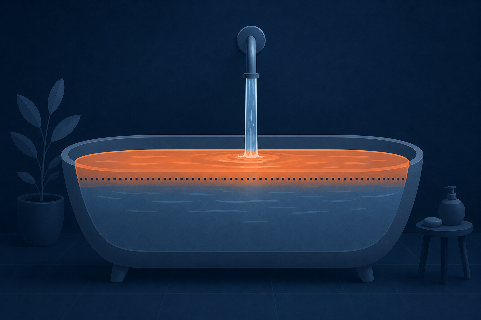 A bathtub already partly filled with water, with a new stream pouring in from a faucet above and raising the water level. The original waterline is marked with a navy dotted line, and only the added portion the stream creates is shown in orange (#ff8649). Flat vector editorial illustration, navy (#1c3d5a) base, no text or numbers, no people, wide composition with breathing room