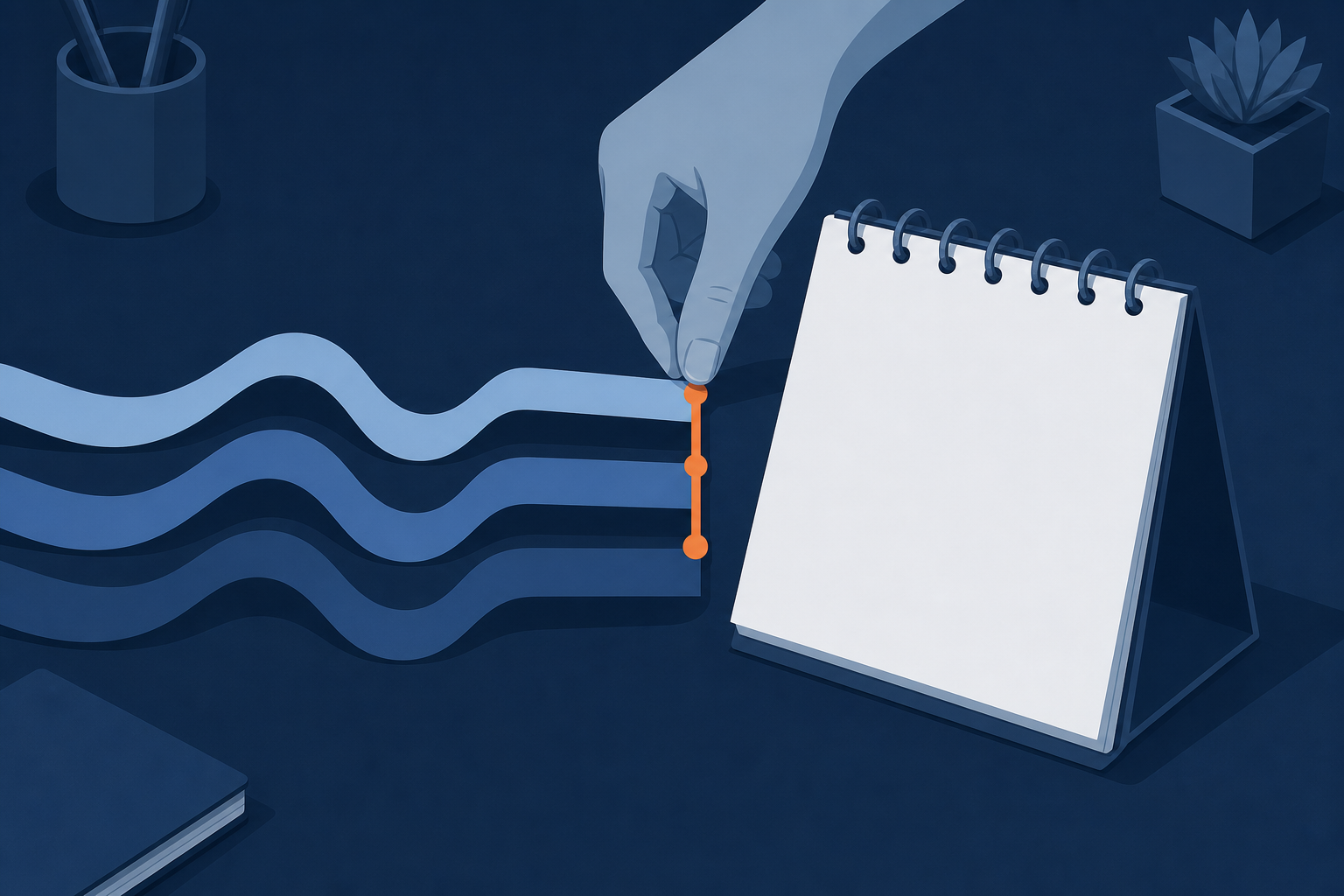 Three ribbon-shaped waveforms laid side by side on a desk next to a desk calendar with pages flipped past, a hand aligning the starting points of the three waveforms with a single date on the calendar. Flat vector editorial illustration, navy (#1c3d5a) base with a single orange (#ff8649) accent, no text or numbers, wide composition with breathing room
