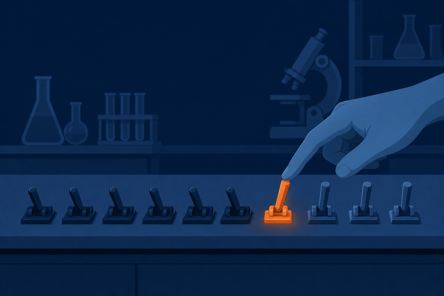 Several small lever switches lined up on a lab workbench, a hand flipping them down one by one in sequence. The switches already flipped down are a dark navy tone, and only the next switch to flip glows orange (#ff8649). Flat vector editorial illustration, navy (#1c3d5a) base, no text or numbers, only a hand appears as a human element, wide composition with breathing room