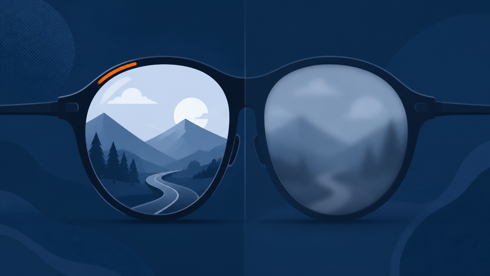 Flat vector illustration of a field of view split in half, one side clear and one side blurred, seen through a lens or glasses, expressing a situation where only half is visible