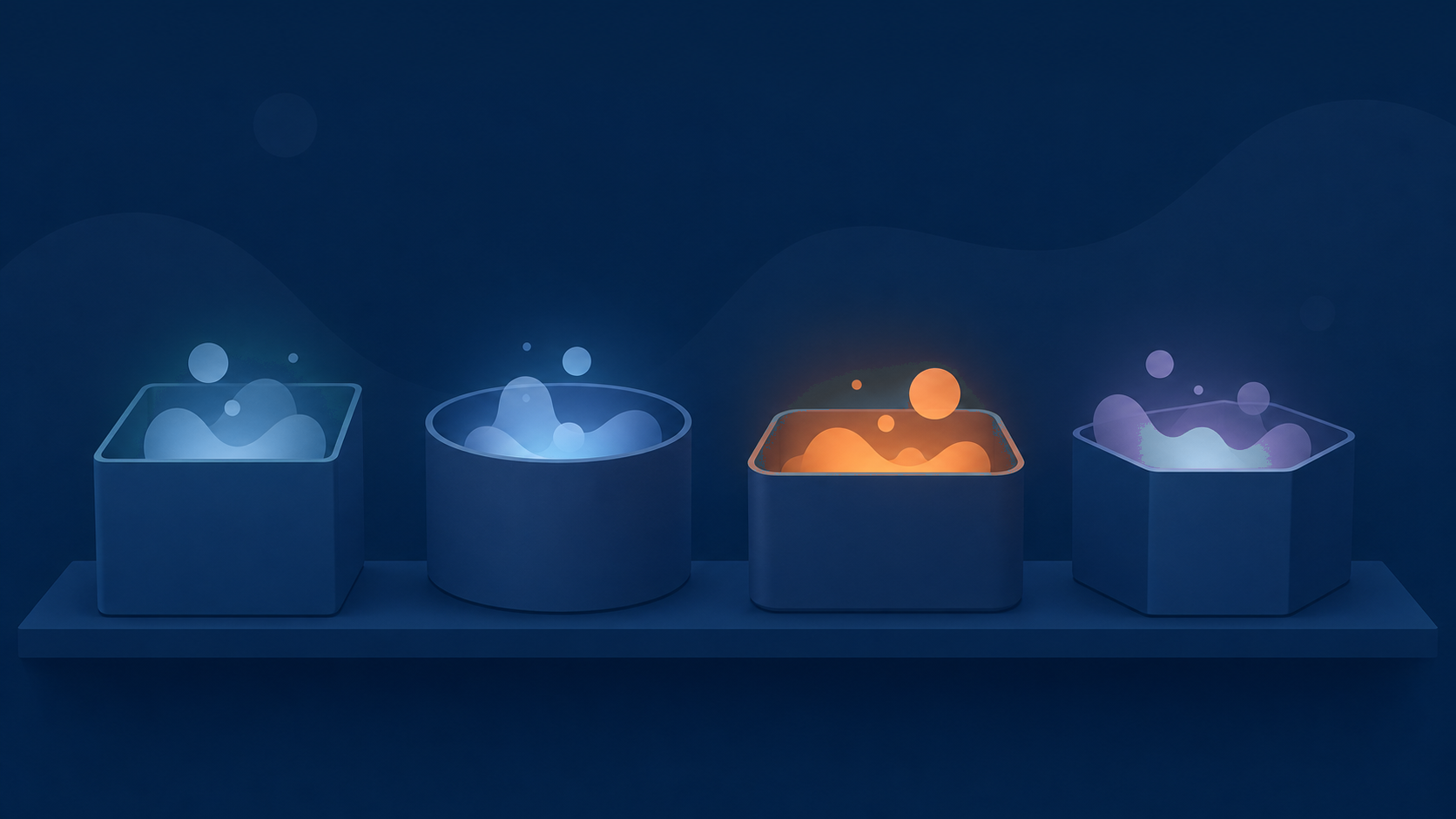 Flat vector illustration of four toolboxes lined up side by side, each representing a different segment of the search journey it's responsible for