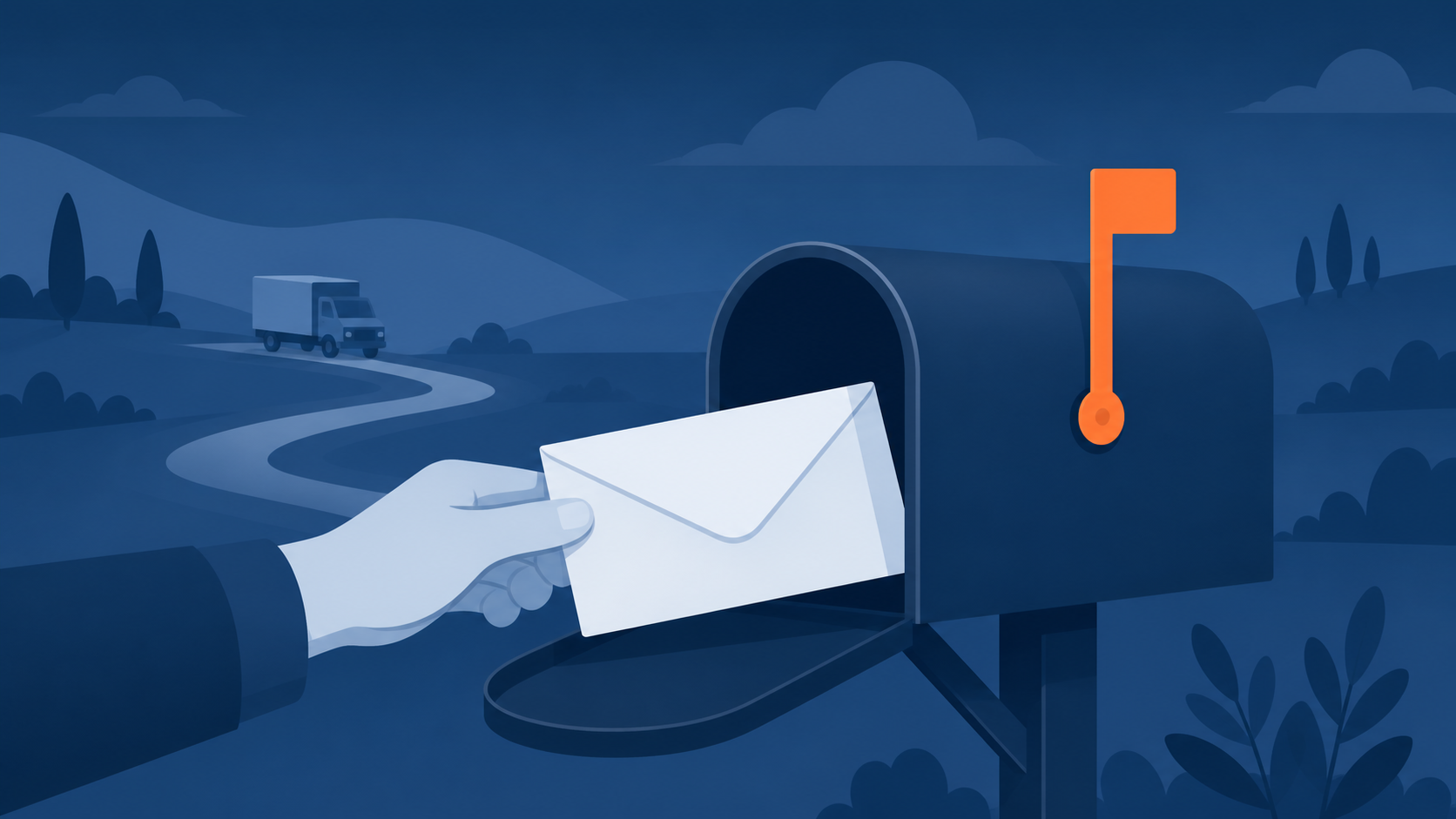 Flat vector illustration of a hand putting a letter into a mailbox, comparing site registration to a postal address filing