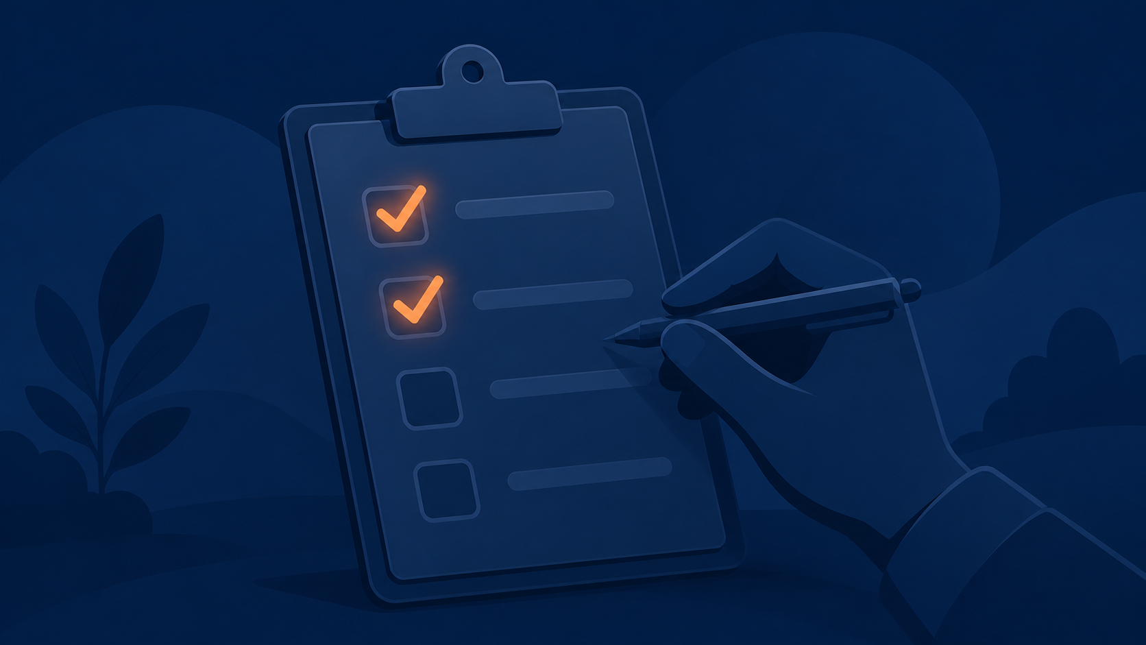 Flat vector illustration of a hand checking off items on a checklist, one by one, as completed tasks get confirmed