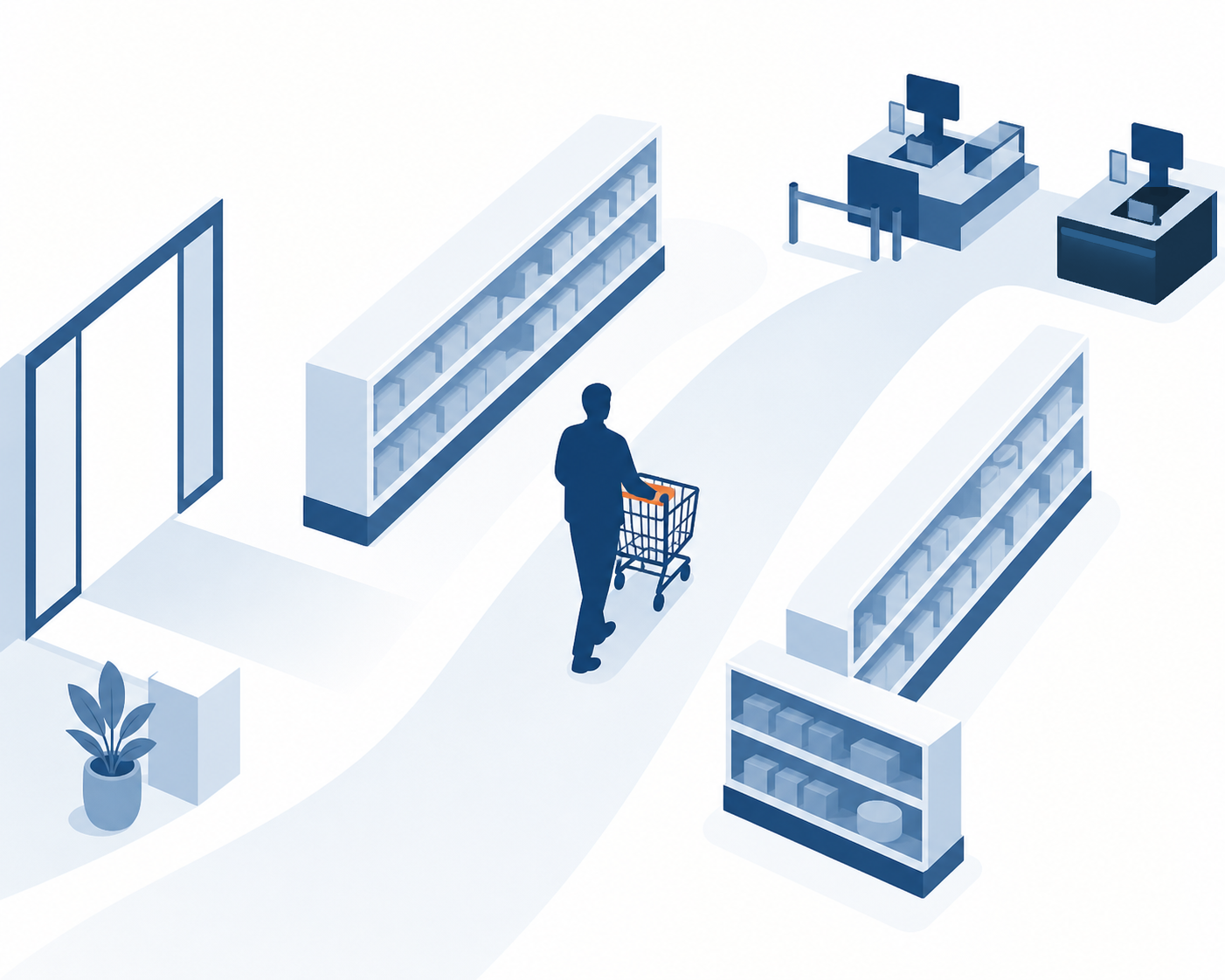 A silhouette pushing a shopping cart down store aisles, viewed from above as if looking down a supermarket corridor with an entrance and an exit, flat vector illustration, navy base with orange accent, no text