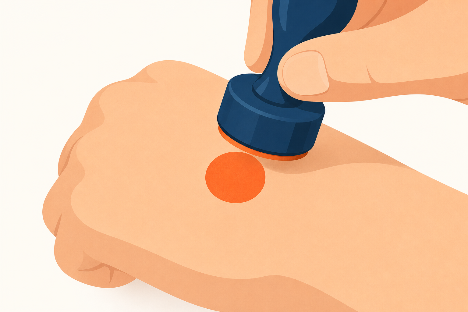 A close-up flat vector illustration of the moment a small stamp presses onto the back of a hand, the stamp shape is just a plain circle with no characters, navy base with orange accent, no text
