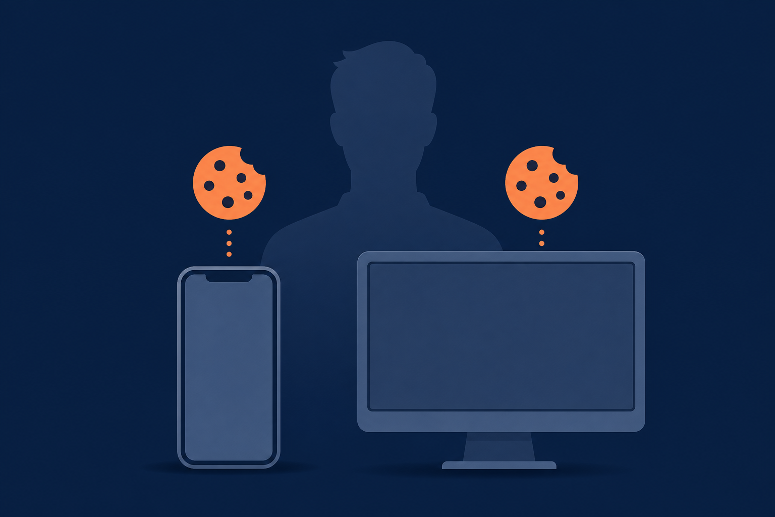 The same person's silhouette standing in front of a smartphone screen and a laptop screen in two separate scenes, with anonymous badges of different colors floating between the two scenes, flat vector illustration, navy base with orange accent, no text