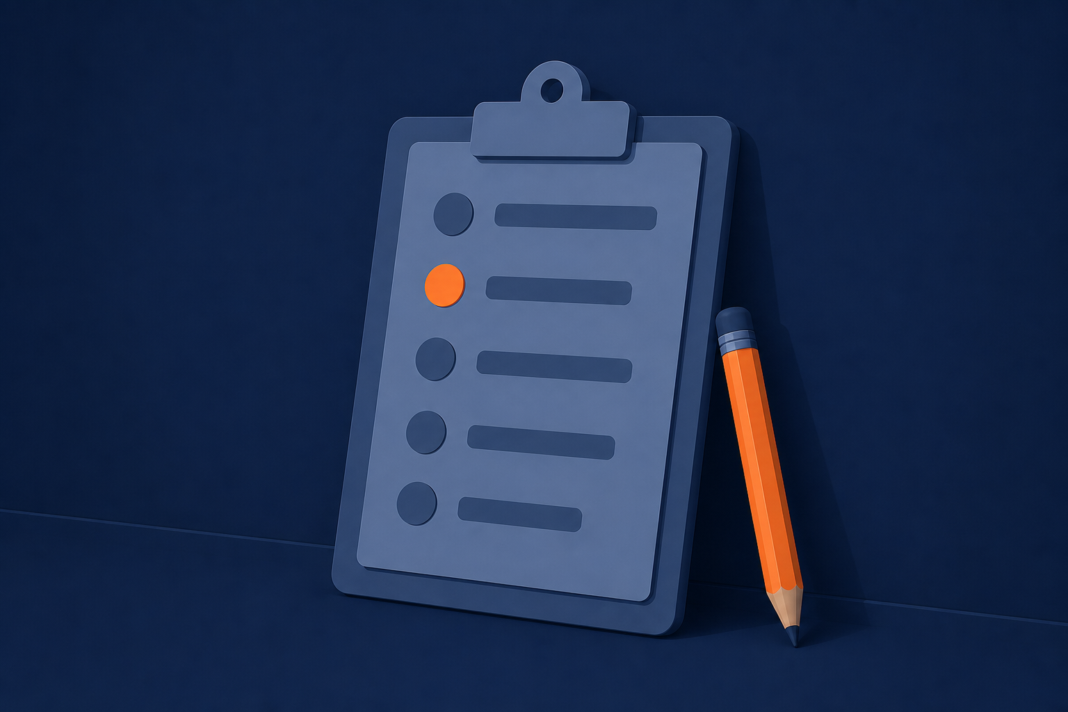 A rear-view flat vector illustration of a person sitting in front of a laptop screen, pointing at the dashboard's numbers one by one, with only small shapes and bar forms on the screen and no characters, navy base with orange accent, no text